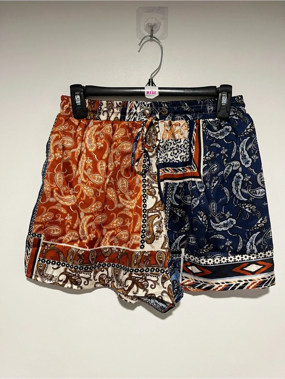 Boho Patchwork Tie-Waist Women’s Shorts — Blue & Brown